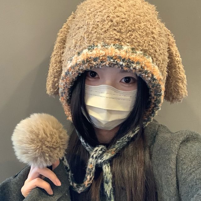 Panel Pom Knit Hat Rabbit Fluffy Ear