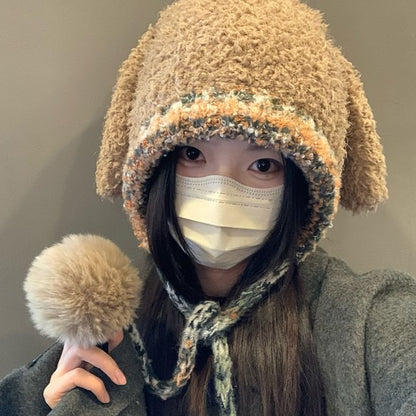Panel Pom Knit Hat Rabbit Fluffy Ear