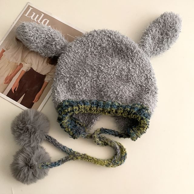 Panel Pom Knit Hat Rabbit Fluffy Ear