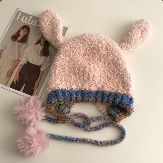 Panel Pom Knit Hat Rabbit Fluffy Ear