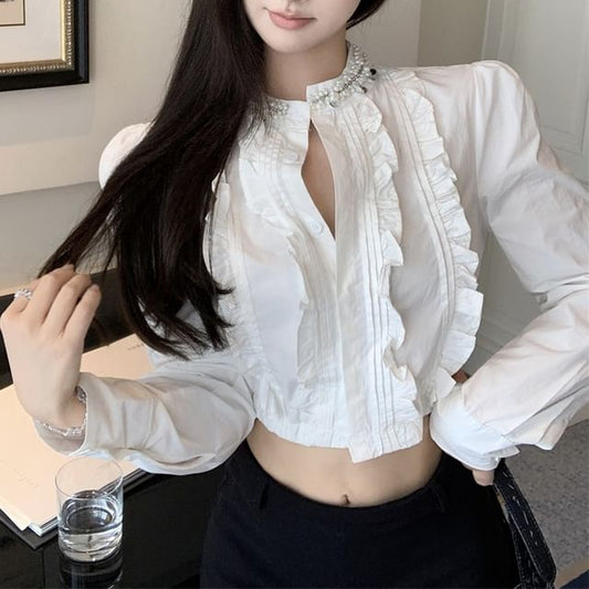 Sample Long-Sleeve Plain Ruffle Crop Shirt