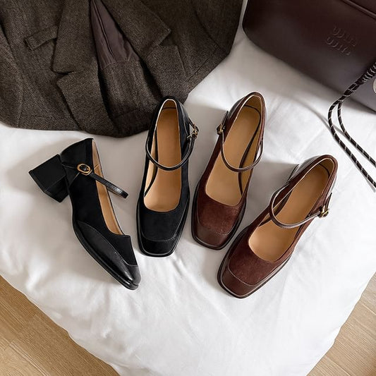 Plain Faux Leather Panel Chunky Pumps Jane Toe Heel Square Mary