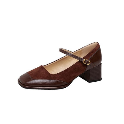Plain Faux Leather Panel Chunky Pumps Jane Toe Heel Square Mary