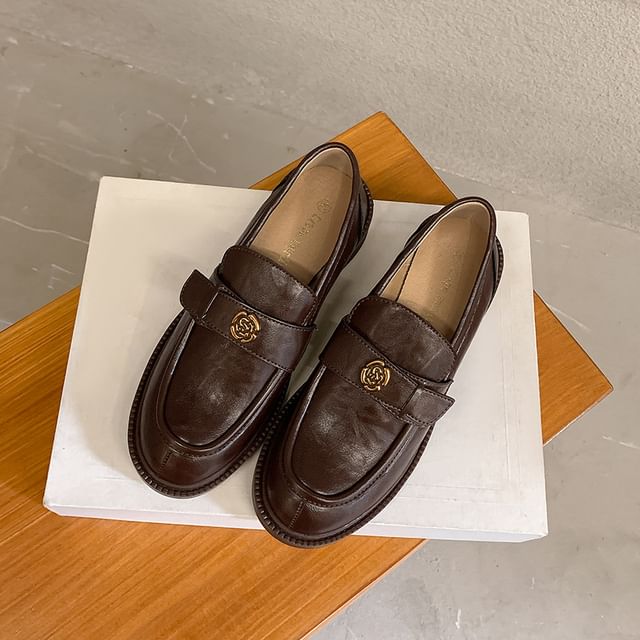 Leather Floral Accent Platform Faux Loafers
