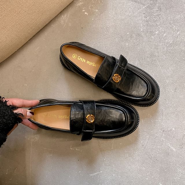 Leather Floral Accent Platform Faux Loafers