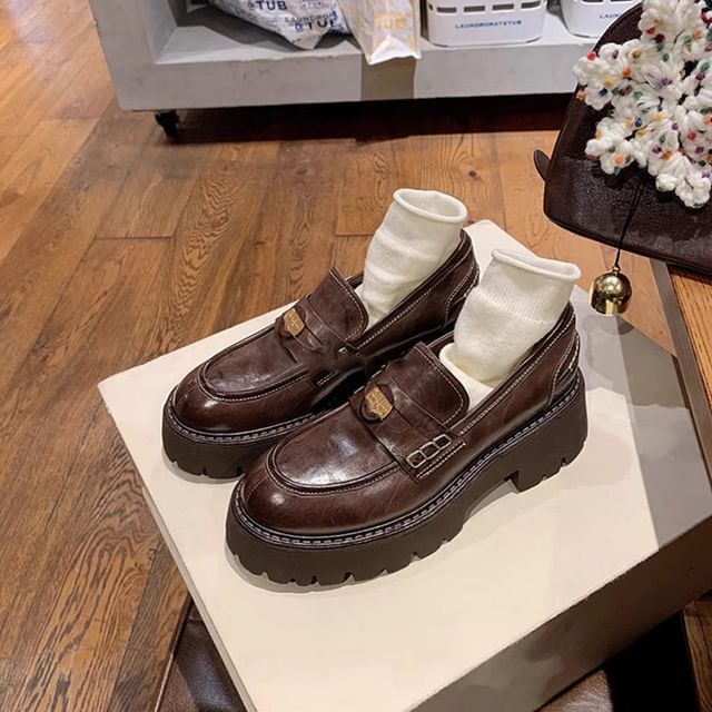 Leather Penny Platform Loafers Faux Plain