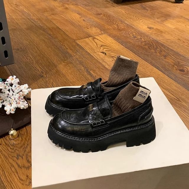 Leather Penny Platform Loafers Faux Plain