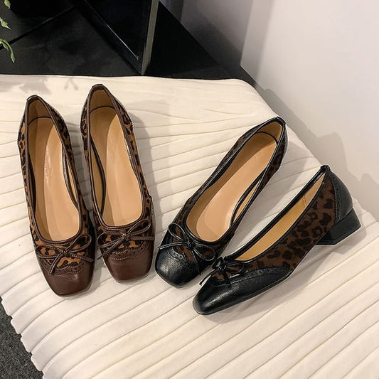 Faux Accent Heel Print Pumps Panel Leopard Brogue Low Bow Leather