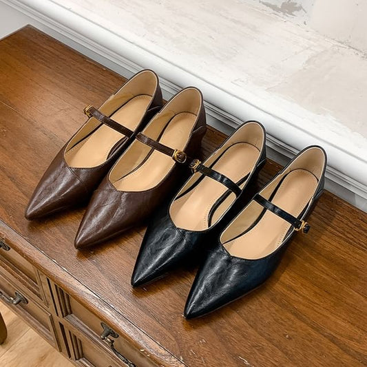 Jane Plain Toe Mary Pumps Faux Buckled Low Leather Pointed Heel