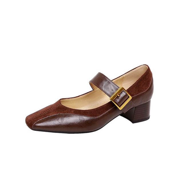 Jane Pumps Faux Leather Mary Buckled Heel Plain Chunky Panel