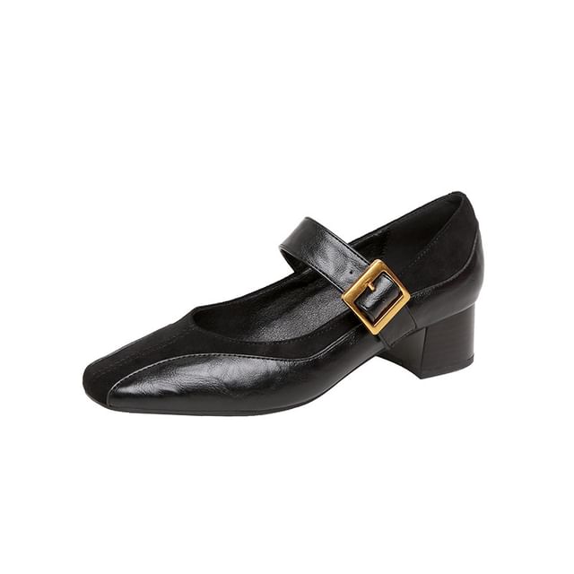 Jane Pumps Faux Leather Mary Buckled Heel Plain Chunky Panel