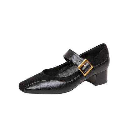 Jane Pumps Faux Leather Mary Buckled Heel Plain Chunky Panel
