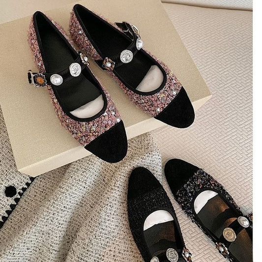 Sample Cap Toe Faux Pearl Tweed Mary Jane Flats