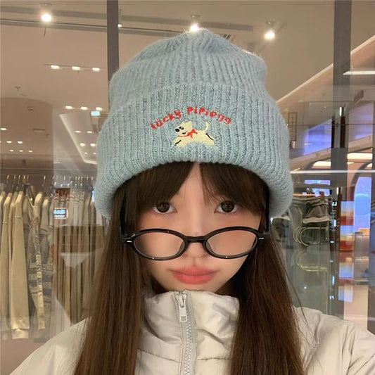 Knit Beanie Dog Embroidered