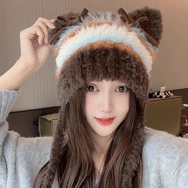 Cat Bow Fluffy Beanie Knit Ear