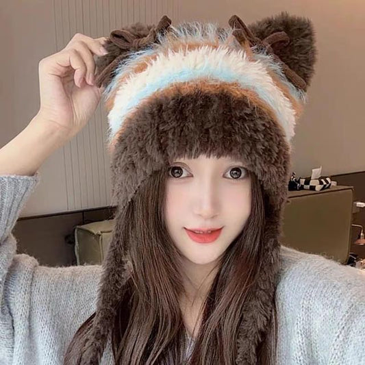 Cat Bow Fluffy Beanie Knit Ear