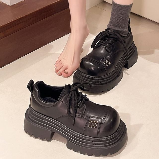 Lace-Up Plain Platform Faux Leather Shoes