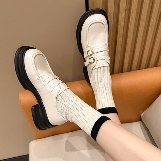Faux Platform Buckled Leather Loafers