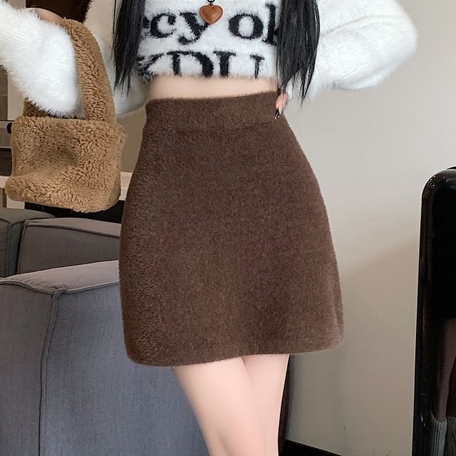 High Mini Fluffy Pencil Rise Plain Skirt