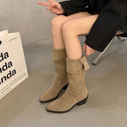 Sample Pointed Toe Button Faux Suede Knee High Boots