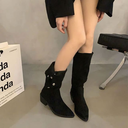 Sample Pointed Toe Button Faux Suede Knee High Boots