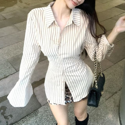 Striped Button Shirt / High Waist Up Leopard Long-Sleeve Collared