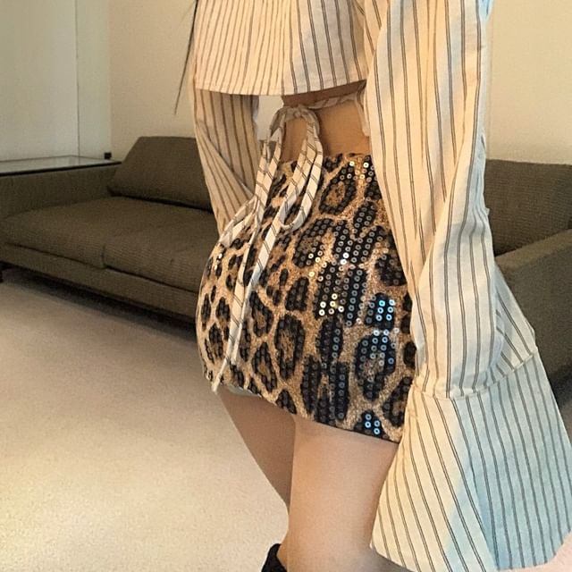 Striped Button Shirt / High Waist Up Leopard Long-Sleeve Collared