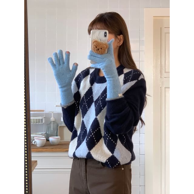 Gloves Applique Knit Trim Contrast