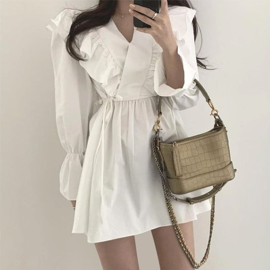 Plain Collared A-Line Mini Dress Long-Sleeve V-Neck