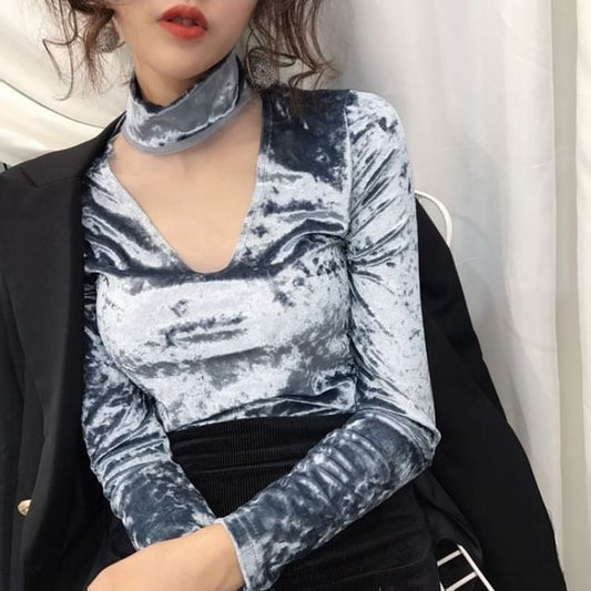 Mesh Mock Long-Sleeve Neck Velvet Panel Top