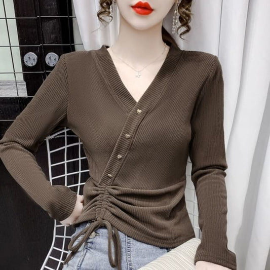 V-Neck Plain Asymmetrical Crop Long-Sleeve Top