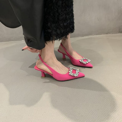 Rhinestone Buckle Low Heel Slingback Sandals