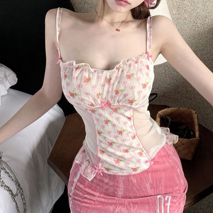 Sample Floral Bow Print Mest Panel Ruffle Camisole Top / High Rise Patterned Lace Trim Mini Pencil Skirt