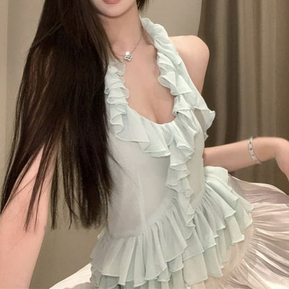 Sample Scoop Neck Plain Ruffle Asymmetrical Halter Top / High Rise Mini A-Line Skirt