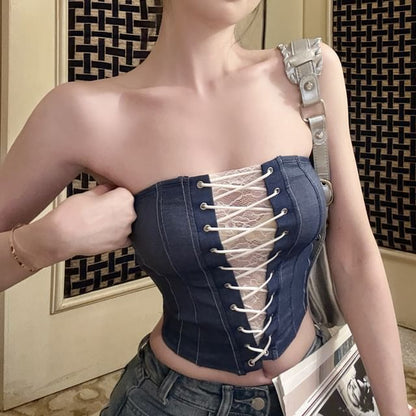 Sample Striped Lace Panel Lace-Up Denim Tube Top