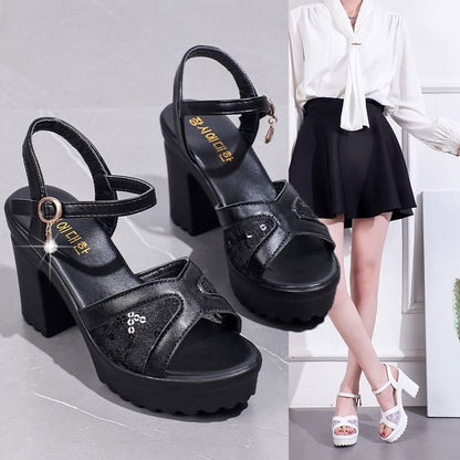 Platform Sequined Chunky Heel Sandals