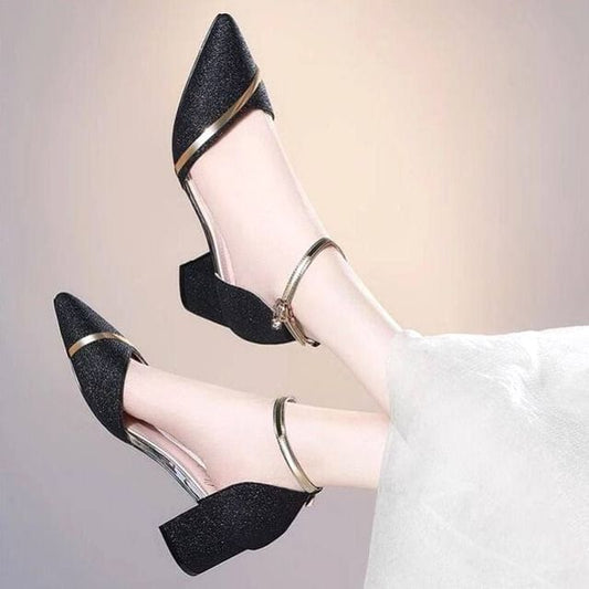Strap Heel Ankle Pumps Glitter Chunky