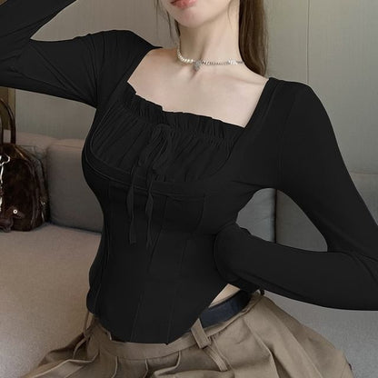Sample Long-Sleeve Square-Neck Plain Shirred Crop Top