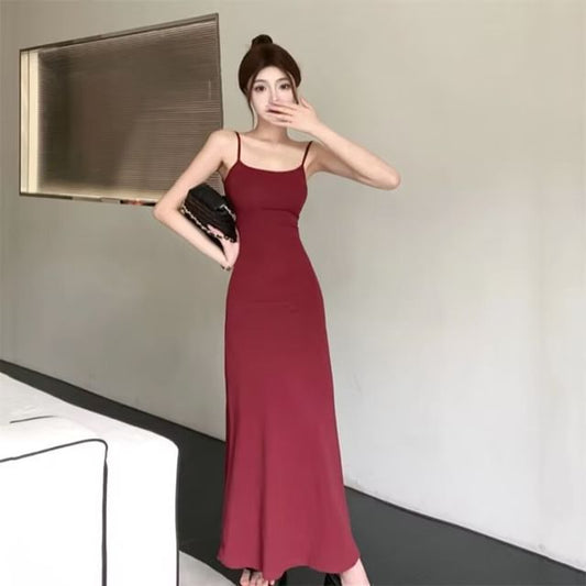 Spaghetti Plain Scoop Neck Midi Strap Dress Bodycon