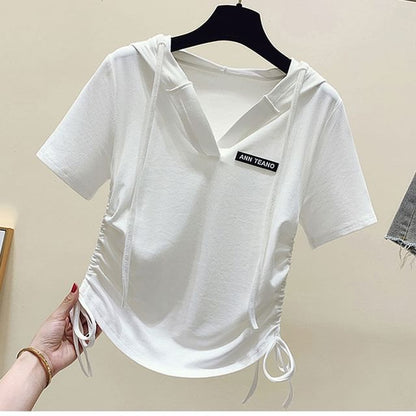 Lettering Short-Sleeve V-Neck Tee Drawstring