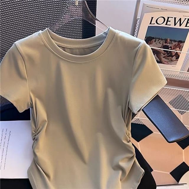 Round Neck Ruched Short-Sleeve Plain Tee