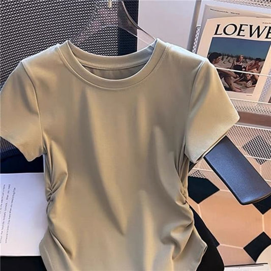 Round Neck Ruched Short-Sleeve Plain Tee