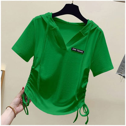 Lettering Short-Sleeve V-Neck Tee Drawstring