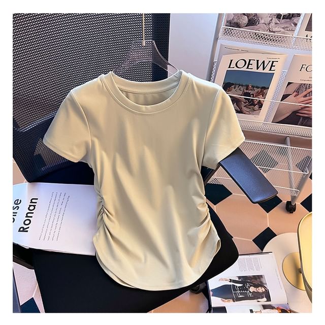 Round Neck Ruched Short-Sleeve Plain Tee
