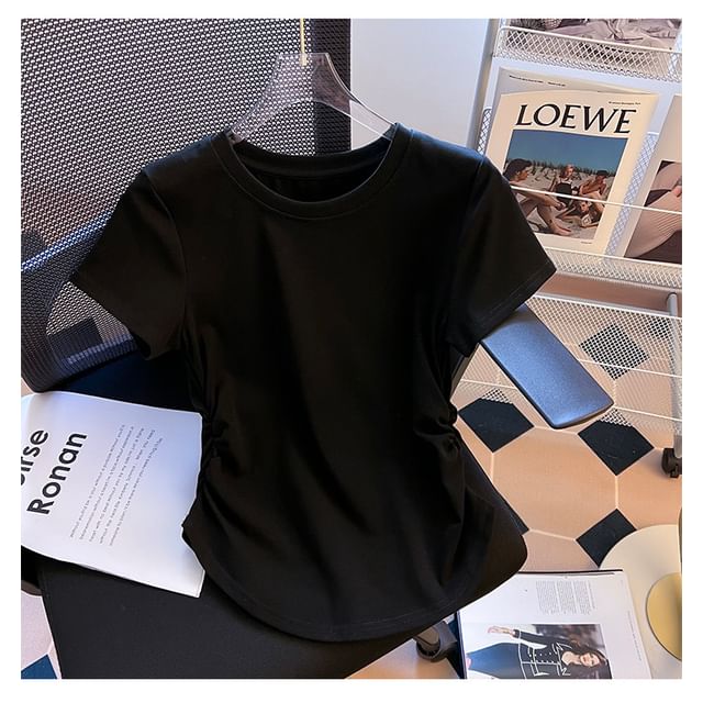 Round Neck Ruched Short-Sleeve Plain Tee