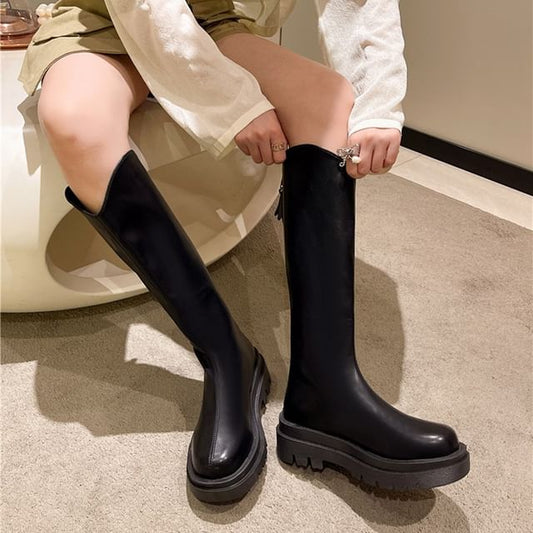 Leather Boots Tall Zip-Up Platform Plain Faux