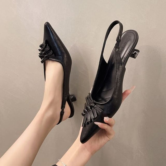 Heel Sandals Pointed Toe Slingback Kitten Leather Faux