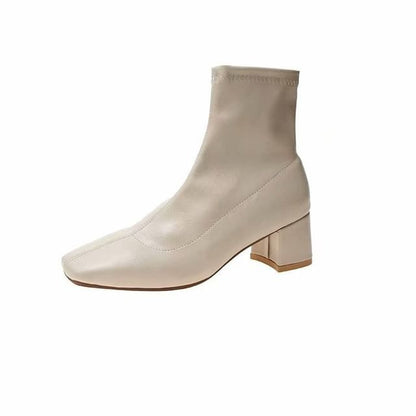 Heel Square Boots Plain Toe Zip-Up Chunky Short
