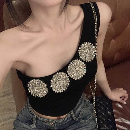 Sample One-Shoulder Rhinestone Accent Slim Fit Crop Tank Top