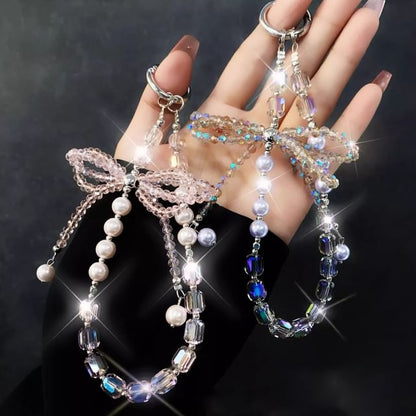 Faux Strap Phone Crystal Pearl with Bow Pad Lanyard
